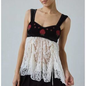 Kimchi Blue Black and White Lace Top with Red Floral Embroidery